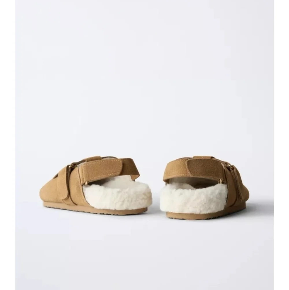 Zara Girls Tan Suede Leather Animal-Accent Sandals Clogs Sz-6